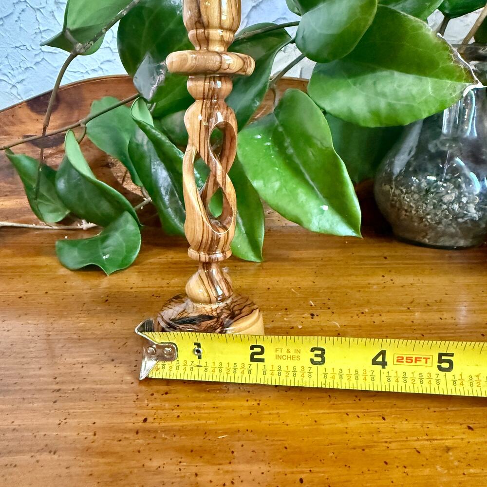 Vintage Hand Carved Olive Wood Candlestick Holder Twisted Openwork Taper Holder - Picture 7 of 8
